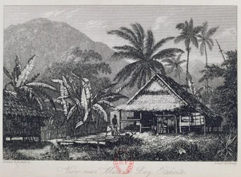 Blick in der Nähe der Matavai-Bucht, Otaheite, graviert von Lieutenant Colonel Batty, aus einem Bericht über die Reise der HMS Bounty von John Barrow, 1835